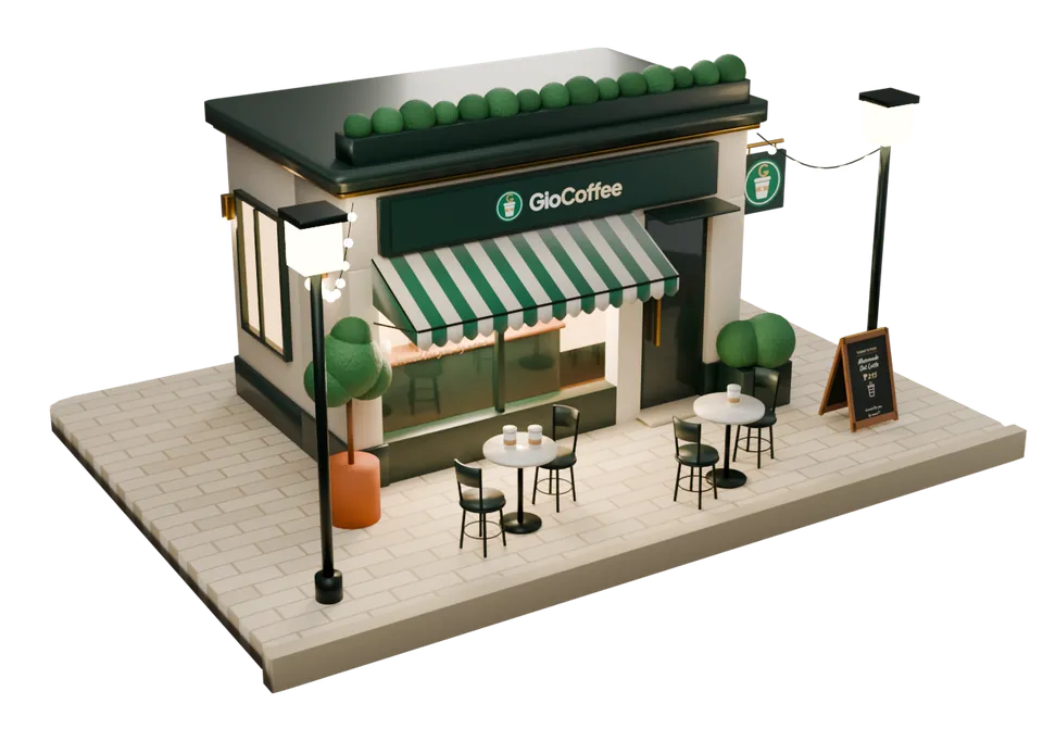 The GioCoffee Reserve on 5th Ave at dusk: green sign, striped awning, warm windows, bistro tables and string lights